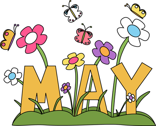May written in yellow block letters with multicolored flowers and butterflies wrapped around the letters May written in yellow block letters with multicolored flowers and butterflies wrapped around the letters